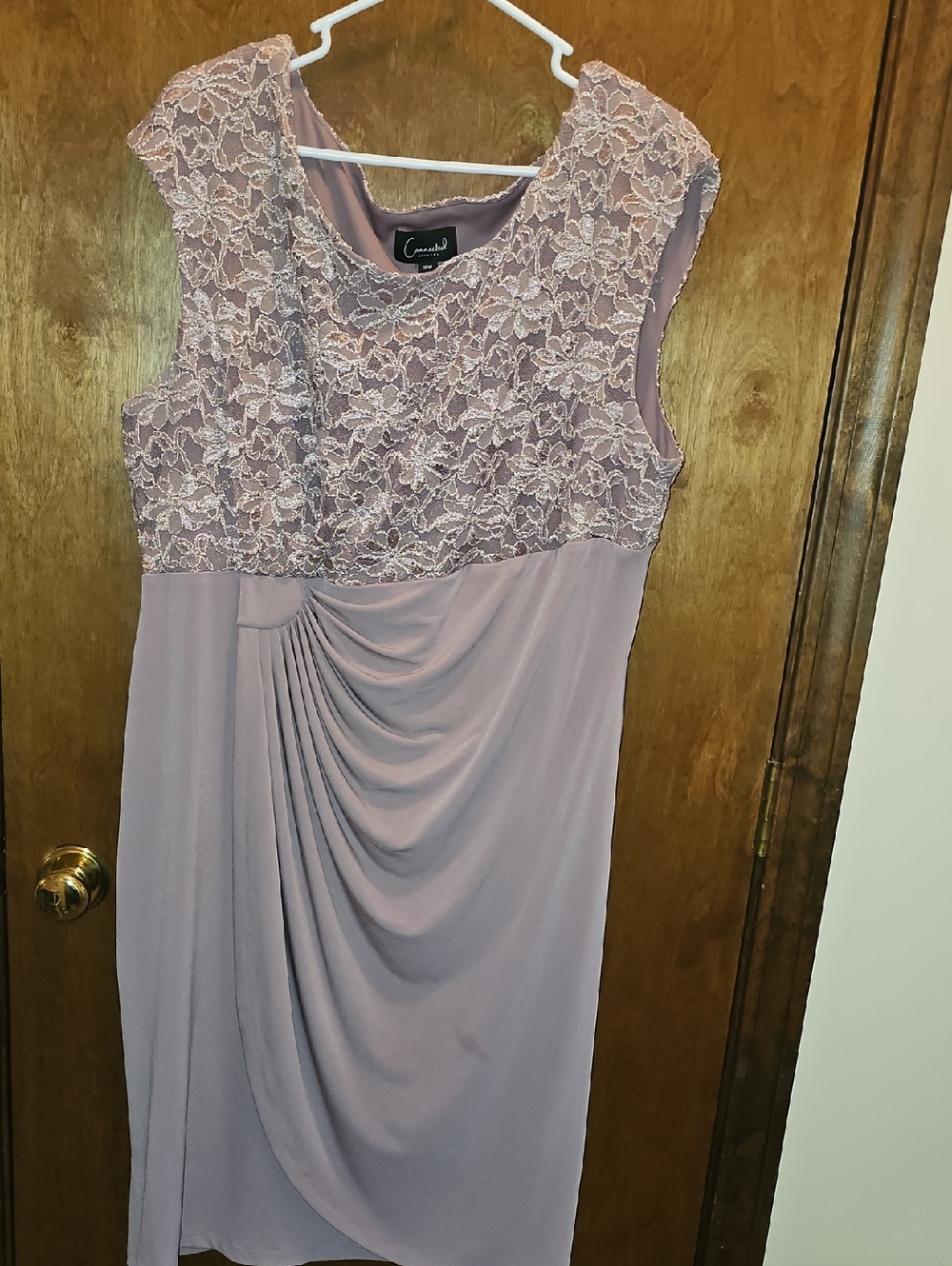 Connected Apparel Lace Bodice Draped Midi Dress in Mauve